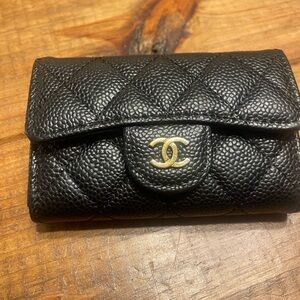 Chanel Black Caviar Quilted Wallet with Gold Logo
